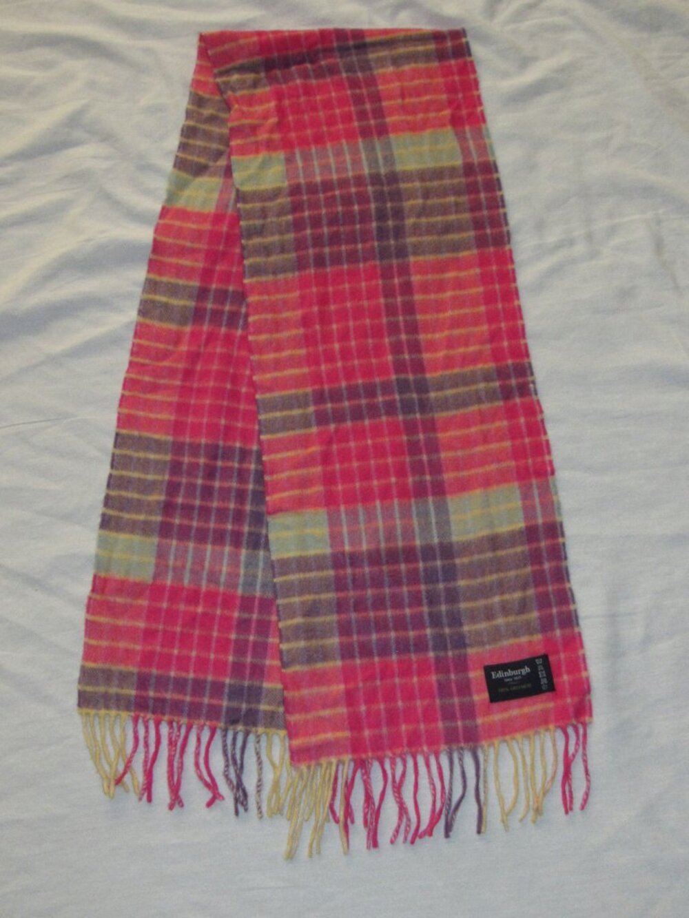 Edinburgh 100% Cashmere Pink Purple Yellow Plaid Scarf w/ Fringe 10" x 54"